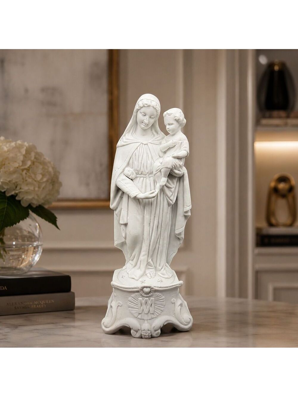 French Antique Madonna & Child Virgin Mary White Bisque White Statue 13"